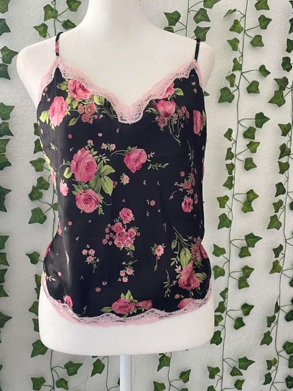 Victoria's Secret Black Floral Lace-Trim Camisole with Pink Accents